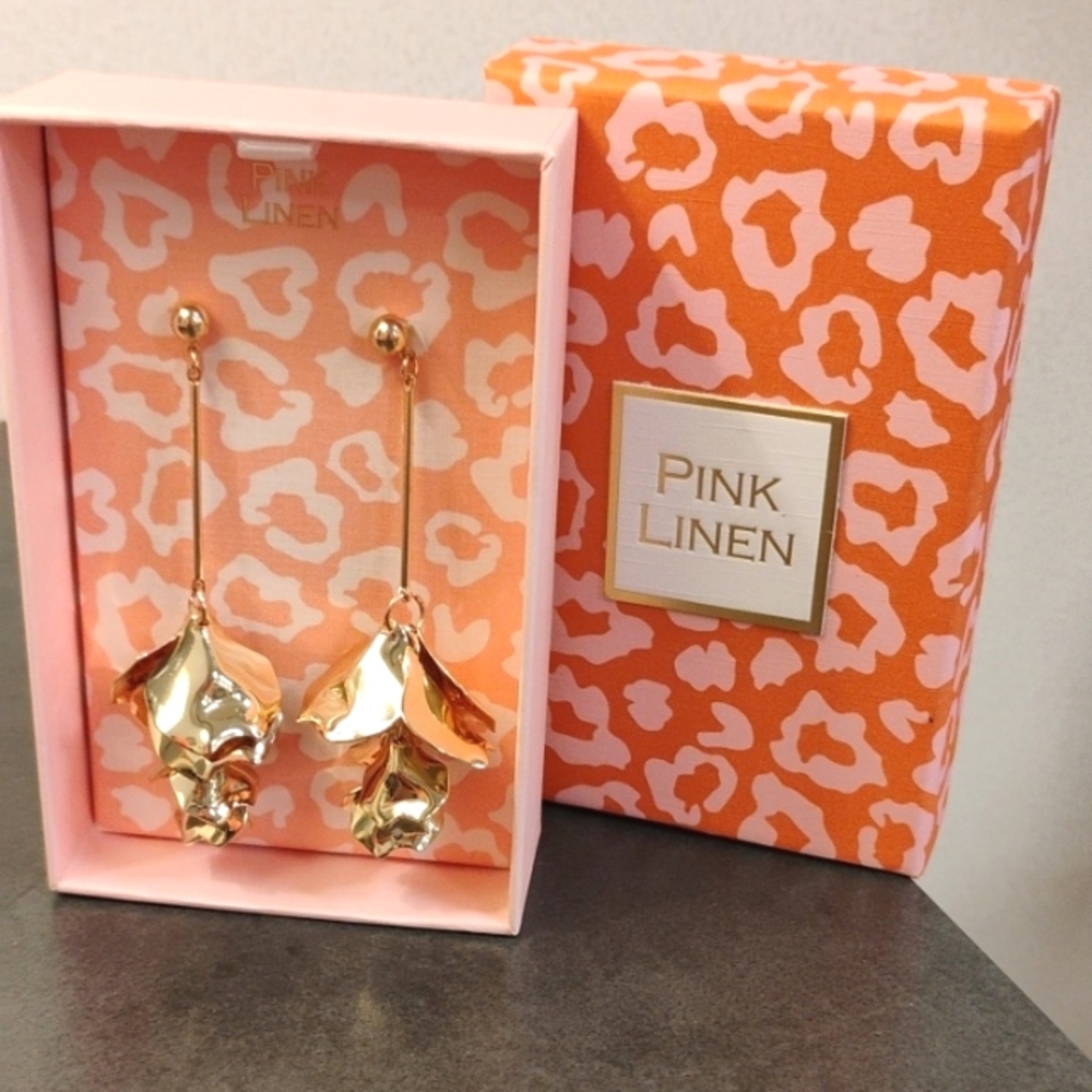 Pink Linen Gold Tone 3.5" Drop Earrings Gold Tone